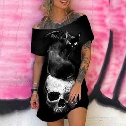 Summer Dress Skull Print es for Women Gothic Short Sleeve Off Shoulder Loose Tank Sexy Black 220613