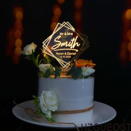Personalised Mr Mrs Cake Toppers Weddings est Shiny Mirror Glow Custom Wedding Date Last Name for Bride & Groom 220618