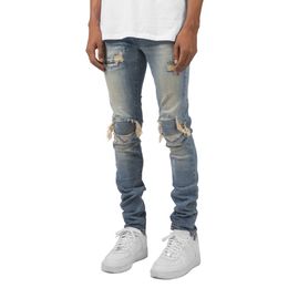 Wholesale- 2022 Mens Skinny Ripped Jeans Fashion Men Jeans Slim Folds Denim Pants Trousers for Male