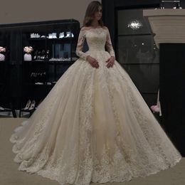 Ball Gown Lace Applique Dress 2022 Long Sleeve Wedding Gowns Robe De Mariee Boat Neck Beaded 328 328