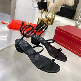 Cleo Rhinestone Embellished low block heel chunky Heels sandals 40mm black Evening shoes women high heeled Luxury Designers Wraparound Dress shoe factory footwear