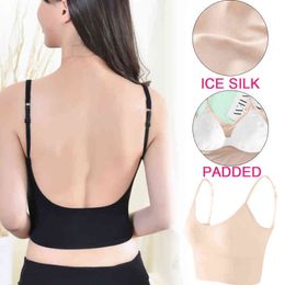 Women Bra Backless Open Back Tank Top Ice Silk Seamless Bralette U Type Low Back Bras Push Up Wirefree Underwear sexy Sports L220726