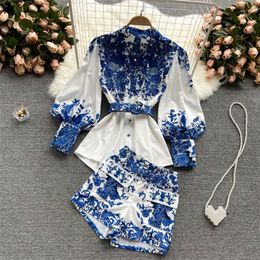 Two Piece Set Women's Shorts Sets Summer Suit Vintage Printed Long Sleeve Blouse Tops And High Waist Female Office Outfit 220509