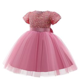 Sequined Ball Flower Girls Dresses Sheer Neck Cap Sleeves Applique Sash Beaded Lace Tulle Tutu Infant Birthday Party Pageant Gown 403