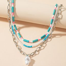 Bohemian Blue Stone Multi-layers Pendant Summer Handmade Beads Necklace Boho Jewelry