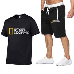 National Geographic Indication Two Piece Suit Men s Cotton Short Sleeve T shirt Shorts Man Casual Sports Wear Fitness 220613