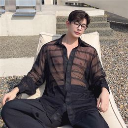 Men's Casual Shirts Super Sexy Transparent Mesh Summer Sun-proof Shirt Long Sleeve Black White Cool Men Beach Blouse Boy Striped ShirtMen's