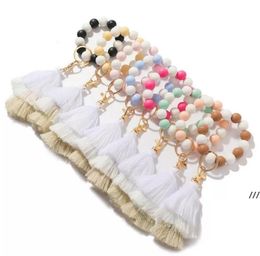 Bead Wood Bracelet Jewellery Party Favour Silicone Beaded Tassel Beadeds Keychain Fringe Bracelets Bangle Wrist KeyRing Pendant Bag