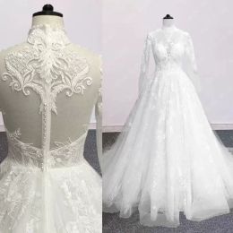 Gorgeous Wedding Dresses Bridal Gown A Line High Neck Long Sleeves Lace Applique Beaded Sweep Train Satin Custom Made Plus Size Vestidos De Novia 403 Pplique pplique