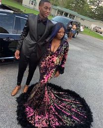 Colourful Sequins Feathers Black Girls Prom Dresses For Bridal Party Formal Long Sleeve Evening Dress Mermaid African promoción robe