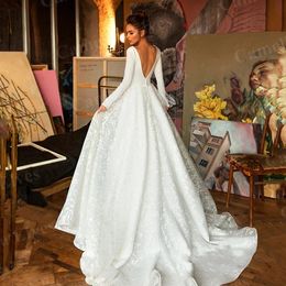 Princess A-Line Wedding Dresses Bridal Gowns for Girls Lace Tulle Long Sleeve Satin Strapless Backless Appliques Sequins Court Train robe custom made