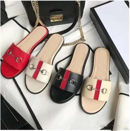 Designer Summer Beach slippers fashion Loafers Lazy Low heeled flops leather Letters lady Cartoon Slides women shoes Metal Ladies Sandals Large size 35-39-42