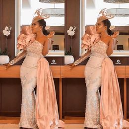 Arabic Aso Ebi Lace Beaded Mermaid Evening Dresses Long Sleeve One Shoulder Prom Dresses Formal Party Second Reception Gowns