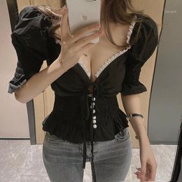 Women's Blouses & Shirts Stretch Lace Corset Top Embroidered Women Sexy Blouse Underwire Billowy Sleeve Crop Square Collar 2022
