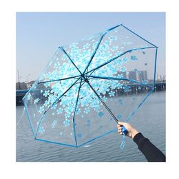Fashion UV proof sun transparent umbrella Cherry Blossom three fold umbrella Semi automatic long handle umbrellas W1