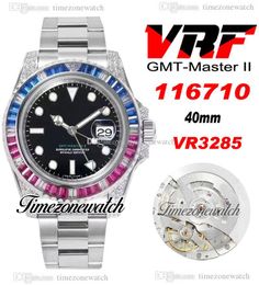 VRF GMT II VR3285 Automatic Mens Watch Pepsi Blue Red Rainbow Diamonds Bezel Black Dial 904L OysterSteel Bracelet Same Serial Card Super Edition Timezonewatch A1