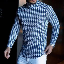 turtleneck t shirts men Canada - Men's T-Shirts Men Plaid Houndstooth Print Shirt Turtleneck Pullover Long Sleeve Tops For Casual Male Slim Fit Streetwear