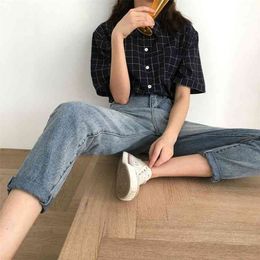 Korean Summer Short Sleeve Blouse Shirts Women Casual Vintage Turn-down Collar Plaid Loose Shirt Preppy Style Student Chic Blusa 210326