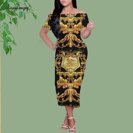 Noisydesigns Women Casual Off Shoulder Print Short Sleeve Bodycon Party Long Golden Floral Ladies Sexy Clubwear Luxury Dreses 220627