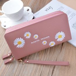 Long Solid Color Daisy Women Wallets New Style Double Zipper Fashion Pu Leather Wristband Female Multifunction Clutch Phone Bag