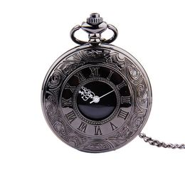 Pocket Watches Stylish Black Double Display Roman Scale Retro Face White Needle Nostalgic Watch With Necklace Four ColorsPocket