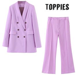 Autumn Lady Office Formal Two Piece Set Women Suit Set Double Breated Purple Blazer High Waist Slim Flare Pants LJ200907