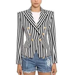 B301 Womens Suits & Blazers Top Quality Original Design Women's Classic Stripe Blazer Double-Breasted Blazer Business Wear Metal Buckles Jacket Blending Coat Outwear