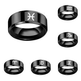 12 Constellations Zodiac Sign Finger Rings Women Girls Black Colours Stainless Steel Ring Love Lucky Jewellery Size 6-13