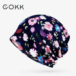 Cokk New Autumn Summer Hats For Women Cotton Beanie Tulband Hat Flower Printing Horsetail Beanie Mask Thin Hat Female Gorras J220722
