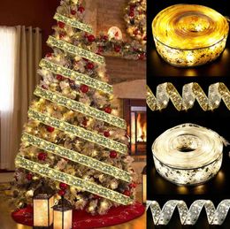 Ribbon Fairy Lights Christmas Led String Decorations Xmas Tree DIY Lace Bow Waterproof for Holiday Birthday Indoor Outdoor Flash Decor Props 65ft