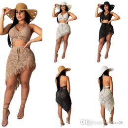 Designer Womens Summer Swimwear Sexy Two Piece Dress Hand Crocheted Tassel Skirt Set