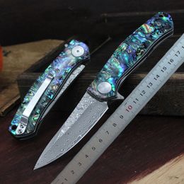 1Pcs R4020 Pocket Folding Knife VG10 Damascus Steel 76 layers Blade Blue Abalone shell Handle Ball Bearing Flipper Fast Open Knives