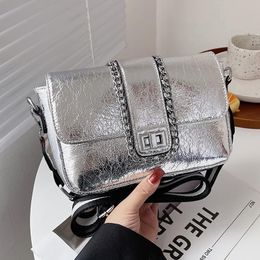 Evening Bags Women Shoulder Bag Luxury Designer Silver Metallic Luster PU Leather Handbags Small Clutch Crossbody For Chains BolsaEvening