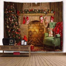 Christmas Wall Carpet Xmas Merry Tree Brick Fireplace Stockings Tapestries For Bed Living Room Dorm J220804