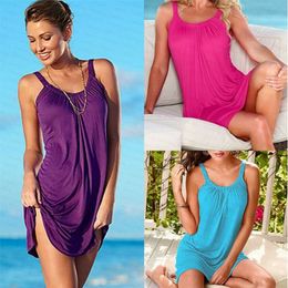 Summer Women Sleeveless O Neck Solid Colour Beach Bathing Loose Casual Sexy Bikini Cover Ups Sundress Mini Dress 220524