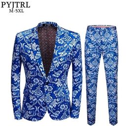 PYJTRL Brand Mens Vintage Blue Floral Print Slim Fit Suits With Pants Plus Size 5XL Veste Homme Mariage Groom Wedding Suit 201106