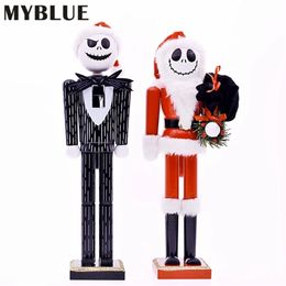 MYBLUE 35cm Vintage Wooden Halloween Skull Statue Nutcracker Sculpture Figurine Christmas Doll Ornaments Home Room Decoration 220329