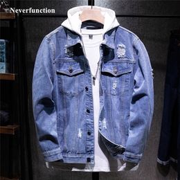 Men Slim Streetwear Detachable hood Denim Jackets Hip Hop male Simple Solid Casual jeans Jacket Coat Plus Size 5XL 201127
