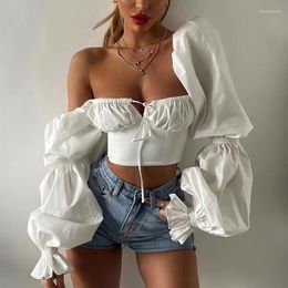 Women's Blouses & Shirts DGIRL Fashion Sexy Trumpet Sleeve Princess Tie Folds Cropped Top Blouse Summer