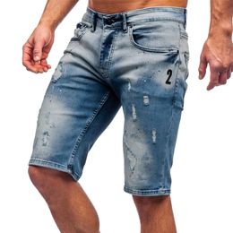 Men's Summer Fashion Middle Waist Micro Elastic Hole Worn Hole Zipper Open Five Point Denim Shorts Handsome Masculine Jean Short 220627