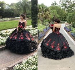 2022 Flowers Embroidered Charro Quinceanera Dresses Ball Gown Tiered Ruffle Organza Satin Strapless Lace-up Mexican Sweet 15 Girls Party Dress