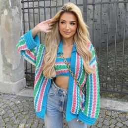 Colourful Striped Knitted Cardigan Woman Oversized Long Sleeves Y2K Knitwear and Fashion Crop Top Chic Lady Summer Set 2022 L220725