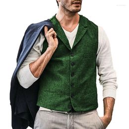 Men's Vests Green Waistcoat Lapel Wool Herringbone Retro Tooling Vest Man Casual Formal Business Groomman For Wedding Working Guin22