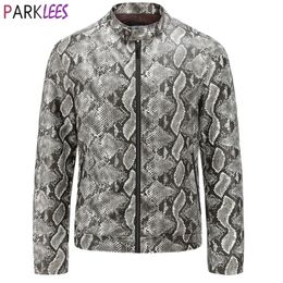 Sexy Snake Pattern PU Leather Jacket Men Brand Stand Collar Motorcycle Biker Faux Leather Mens Jackets Coats Chaquetas Hombre 201127