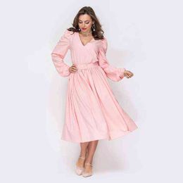 Women Vintage Sashes Puff Sleeve A-line Dress Long Sleeve Sexy V neck Pink Colour Elegant Casual Party Dress 2021 Autumn Dress T220804