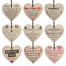 Handmade Wooden Heart Shaped Hanging Gift Plaque Pendant Family Friendship Love Sign Wine Tags Christmas Tree Small Hanging hearts Decor W0