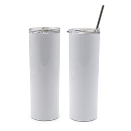 20oz Straight Sublimation Tumblers Stainless Steel Skinny Travel Double Wall Insulated Slim Water Tumbler Cup Blanks Mug White with Lid