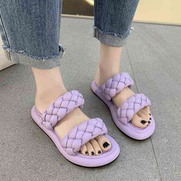2022 Women Slippers Purple PU Weave Bread Cross Flip Flops Ladies Platformform with Summer Shoes Peep Toe Female Mules Slides G220518