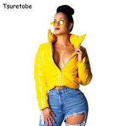 Tsuretobe Plus Size Winter Patent Leather Bubble Coat Women Puffer Jacket Waterproof Parkas Warm Down Outwear Zipper Female 201103