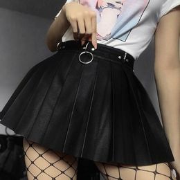 Skirts 2022 PU Leather Mini A-Line Elegant Zipper High Waist Skirt For Women Punk Metallic Female Slim Pleated